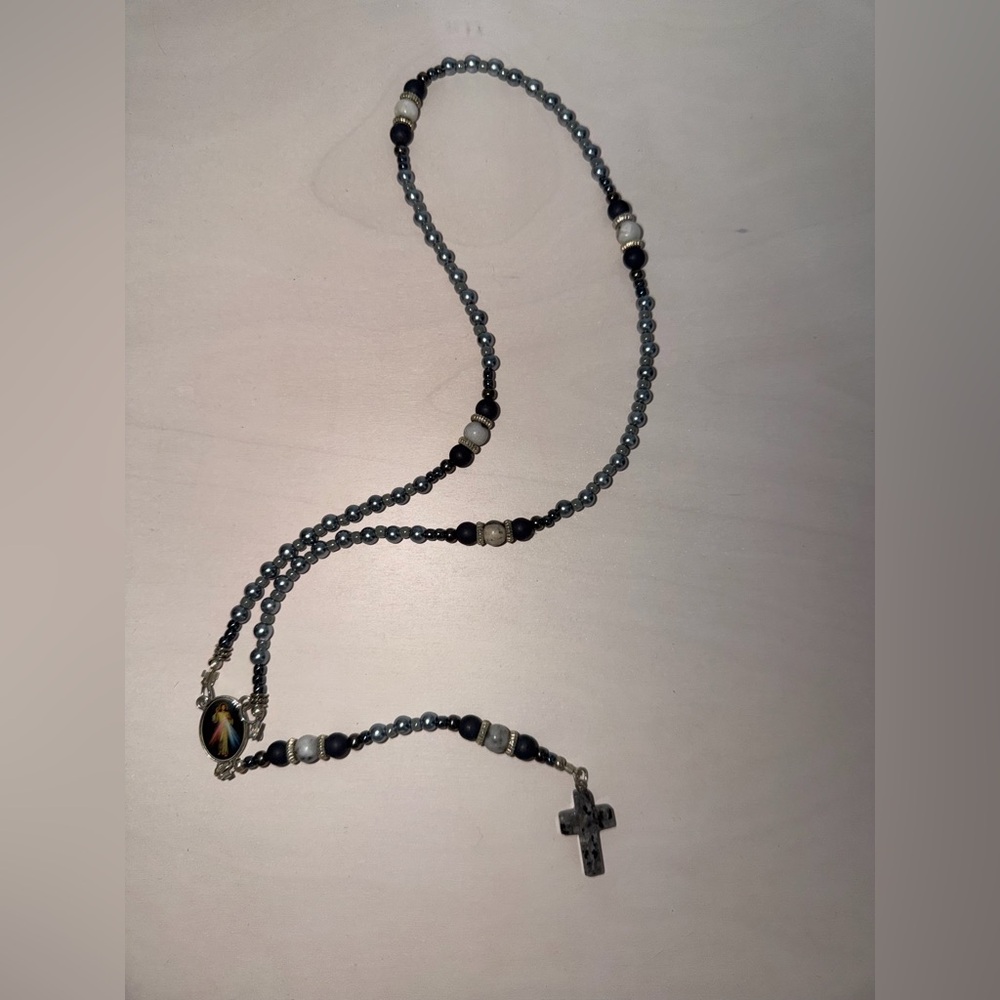 Divine Mercy Catholic Rosary Stone Cross Hematite Style Beads Prayer Necklace